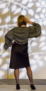 Marta Shannon from the Redwood Guild shows off her original design for a shrug