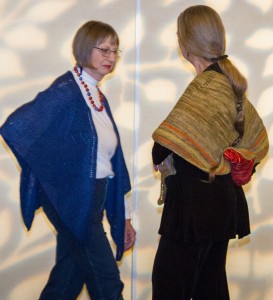 Judy Calder and friend show off her hand knitted shawls