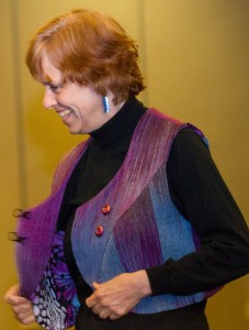 Sheila O'Hara modelling a vest by Commentator Linda Cannefax