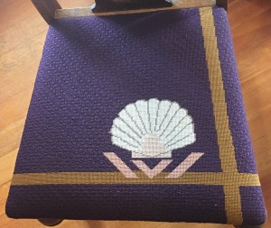 A set of six chair seat covers needlepointed by a favorite aunt- to match the bide's china