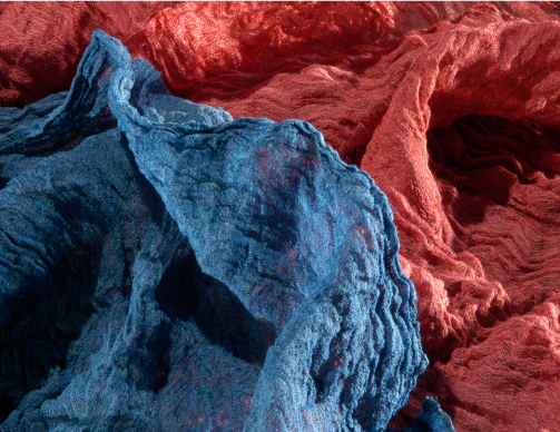 Gauze-like red and blue scarves woven with stainless steel yarns