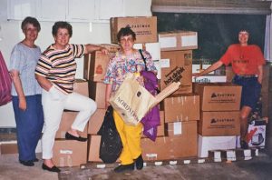 600 pounds of yarn ready for shipment. JoAnn Bronzan, second from left, was the driving force for this effort.