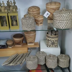 Pala'wan tingkep baskets in Custom Made Crafts display with basketry from Mindoro Island